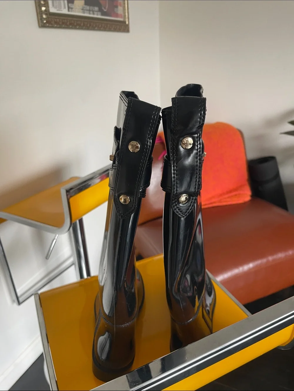 Coach Black Patent Rain Boots with Strap Detail